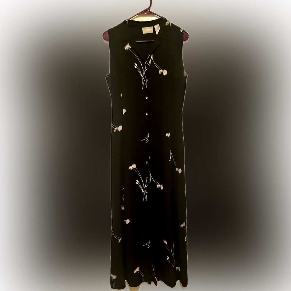 Liz Claiborne Elegant Black Silk Floral Sleeveless  Tieback Dress 2002